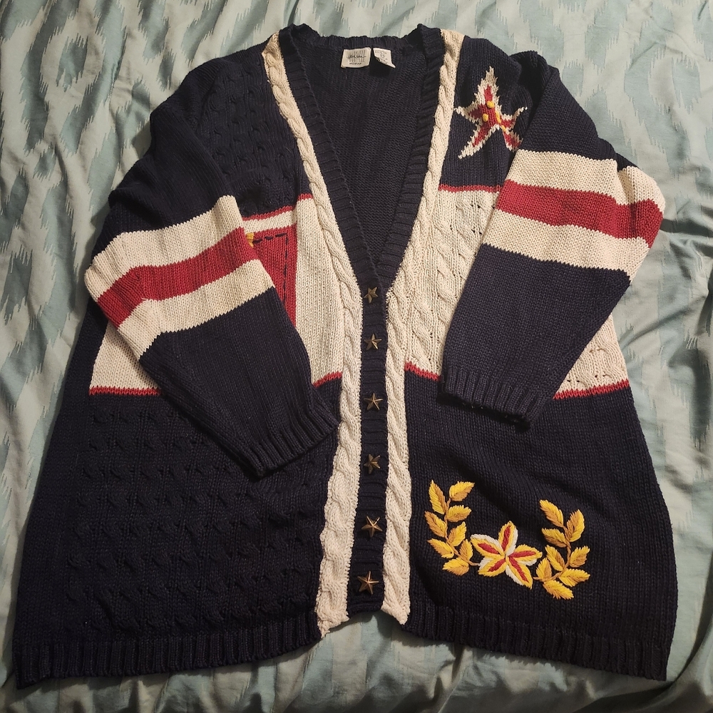 Jason Maxwell Sweater Womens Size 3XL Blue and Red Nautical Button Up Cardigan